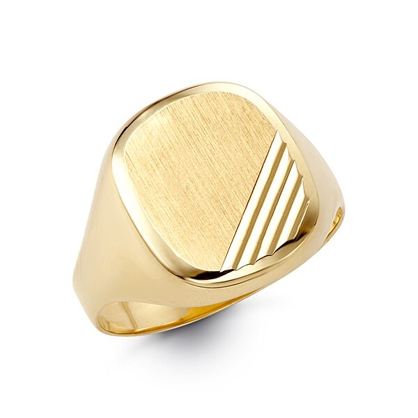 Gold ring with a geometric design on a white background