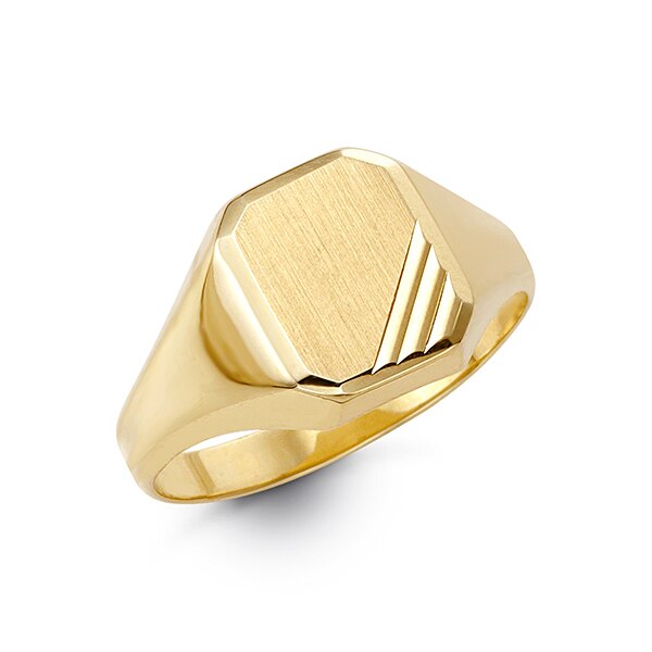 Gold ring with a geometric design on a white background