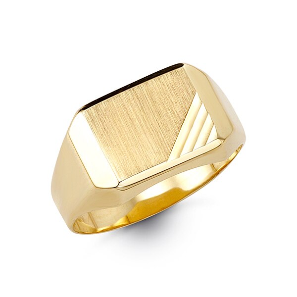 Gold ring with a geometric design on a white background