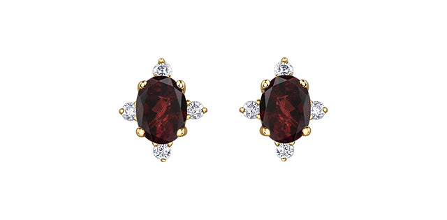 Pair of earrings with red gemstones and gold accents on a white background