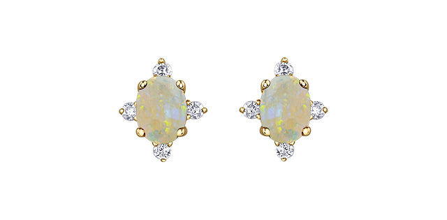 Pair of opal earrings with gold and diamond accents on a white background