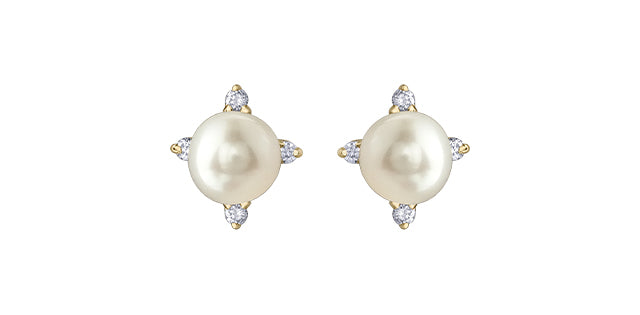 Pair of pearl earrings with gold and diamond accents on a white background