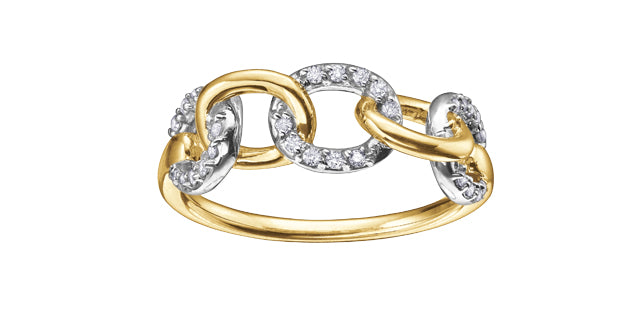Gold and silver ring with interlocking loops and diamonds on a white background