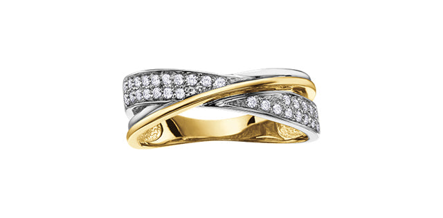 Gold and silver ring with diamond accents on a white background