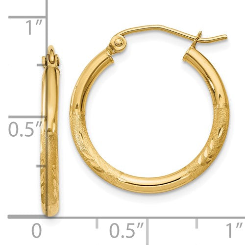 10k Satin and Diamond-cut 2mm Round Tube Hoop Earrings