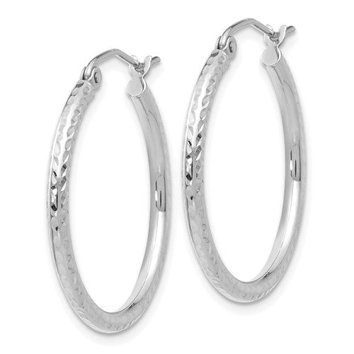 10k White Gold Diamond-cut 2mm Round Tube Hoop Earrings