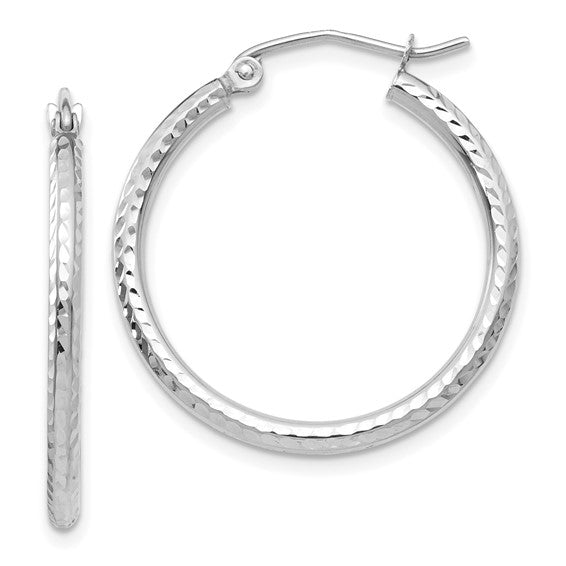 10k White Gold Diamond-cut 2mm Round Tube Hoop Earrings