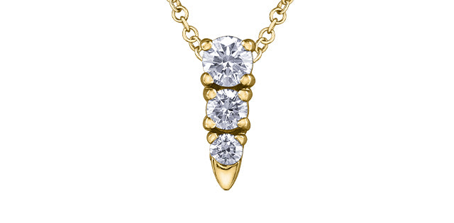 Gold necklace with three clear gemstones on a white background