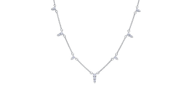 Silver necklace with small diamonds on a white background