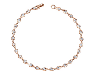 Rose gold bracelet with clear stones on a white background