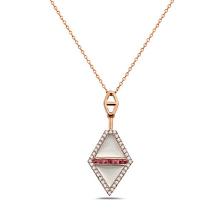 Rose gold necklace with a diamond-shaped pendant featuring red gemstones on a white background
