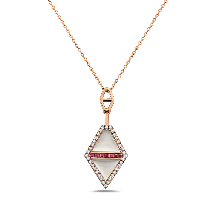 Rose gold necklace with a diamond-shaped pendant featuring red gemstones on a white background