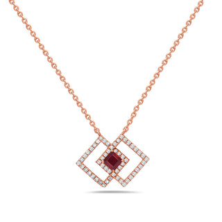 Rose gold necklace with a red gemstone and diamond accents on a white background