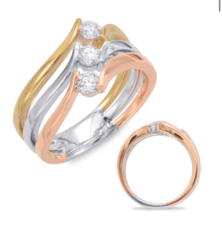 Three gold rings with diamond-like stones on a white background