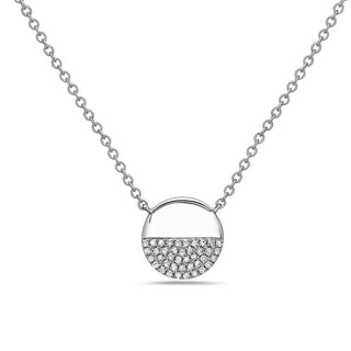 Silver necklace with a half-circle pendant on a white background
