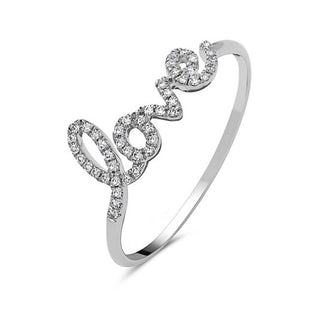 Silver ring with 'love' engraving on a white background