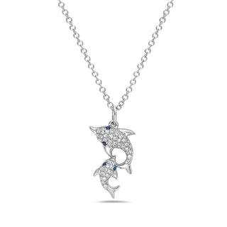 Colgante de mamá y pantorrilla con diamantes y zafiro de 0,12 quilates en oro blanco de 14 quilates, 18"