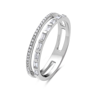 Anillo de diamantes redondos y de talla baguette de 0,28 quilates en oro blanco de 14 quilates, tamaño 6,5