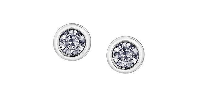 Pair of silver stud earrings with clear gemstones on a white background
