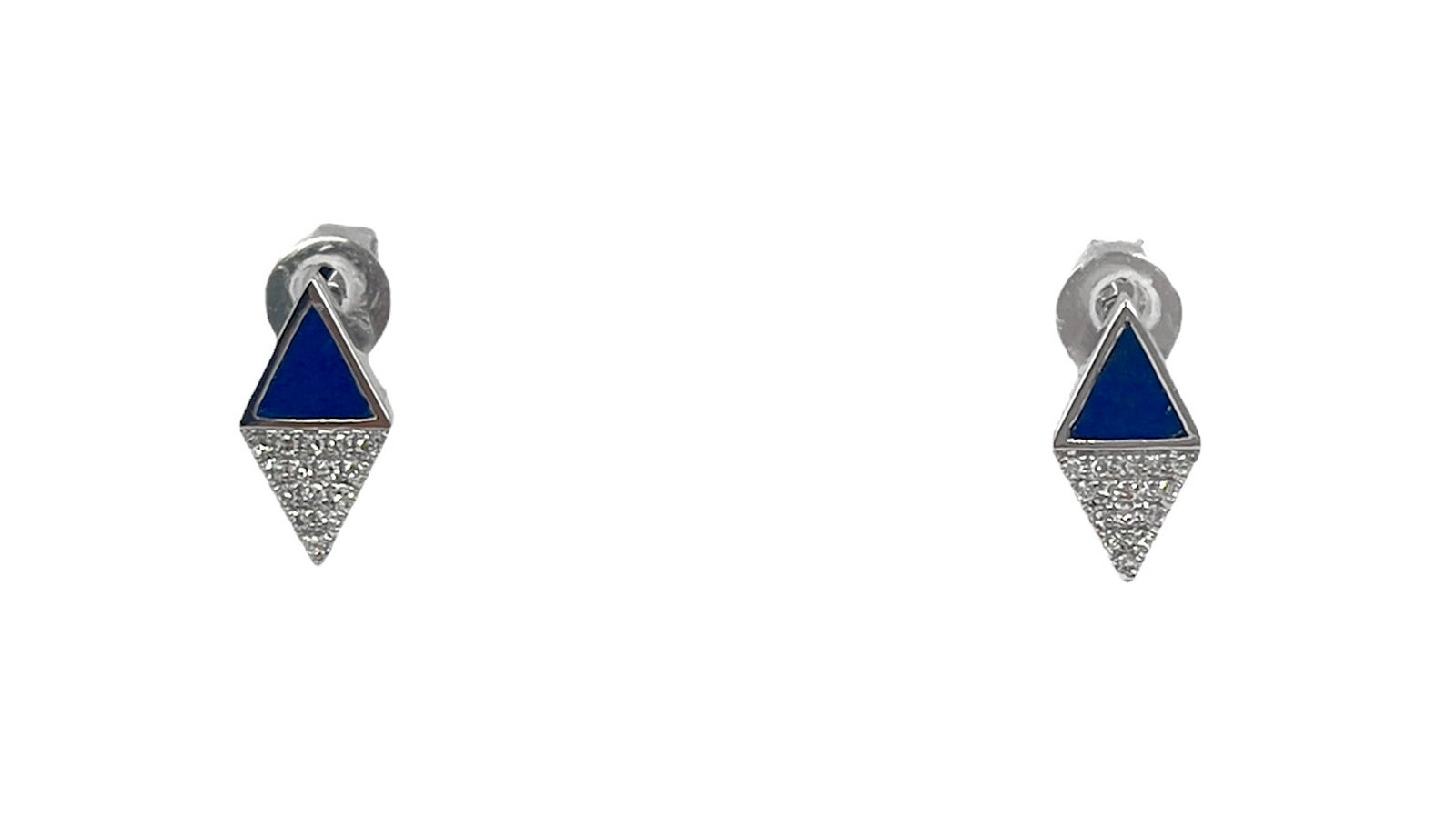Pair of diamond-shaped earrings with blue centers and silver accents on a white background