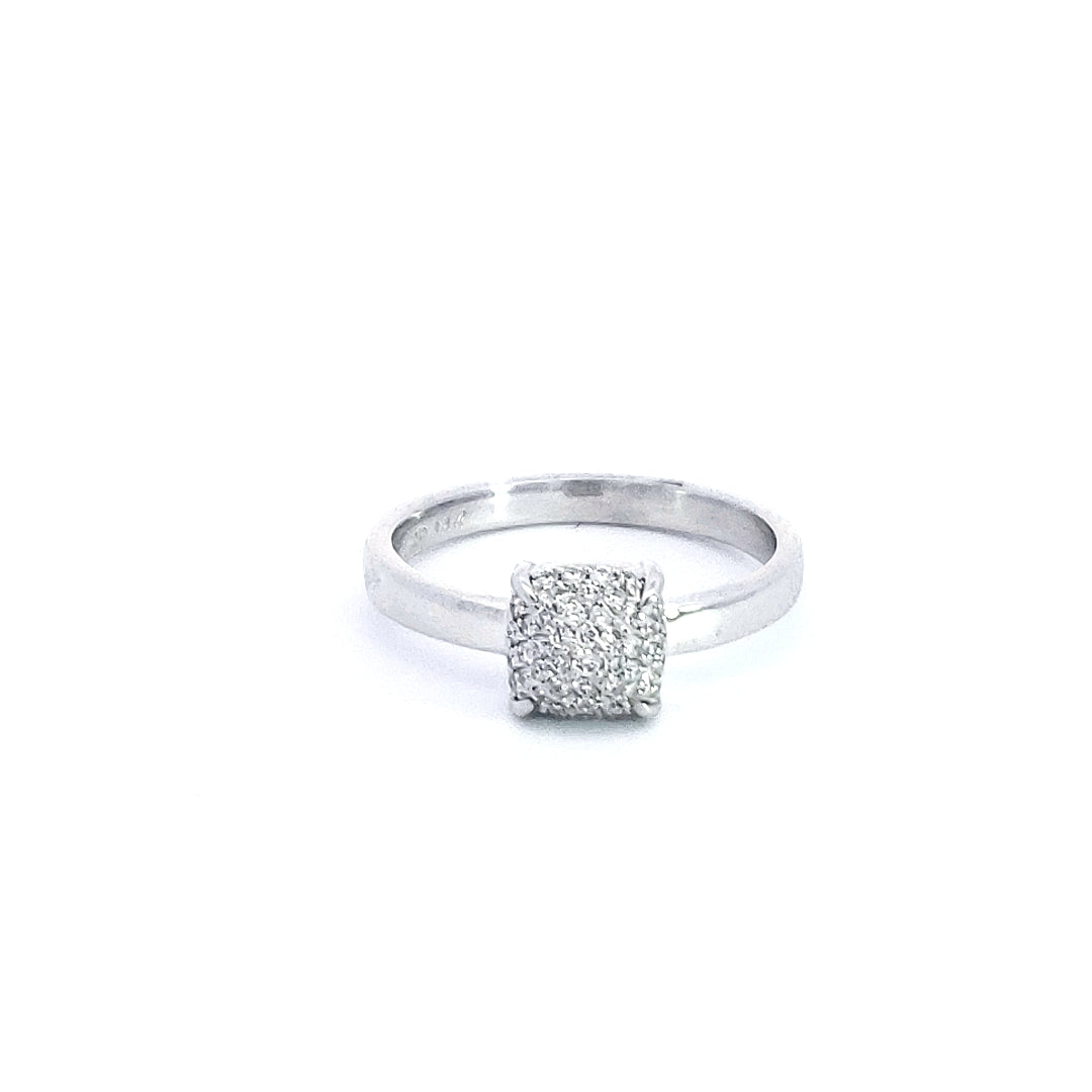 Silver ring with a square diamond on a white background