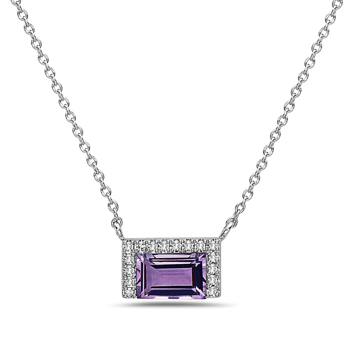 Necklace with a purple gemstone and diamond accents on a white background