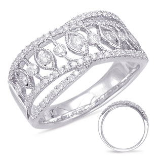 Silver ring with intricate design on a white background