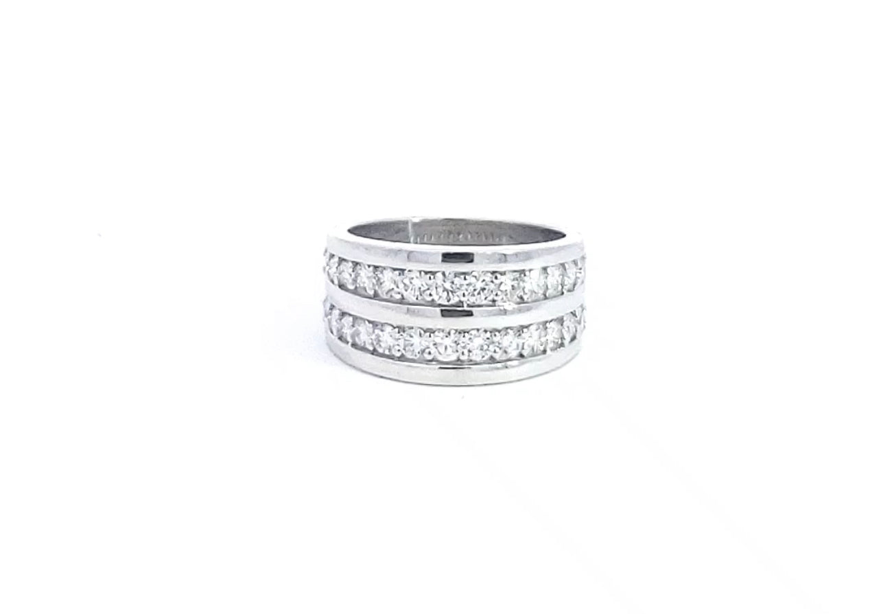 A 14K white gold diamond ring with multiple bands of set stones, totaling 1.30cttw, with a polished finish.