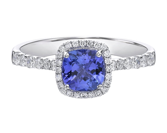 14K White Gold 6mm Cushion Cut Tanzanite and 0.35cttw Diamond Halo Ring - Size 7