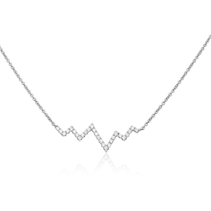 Silver necklace with a zigzag design on a white background