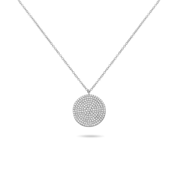14K White Gold Diamond Pave Circle Necklace, 18"