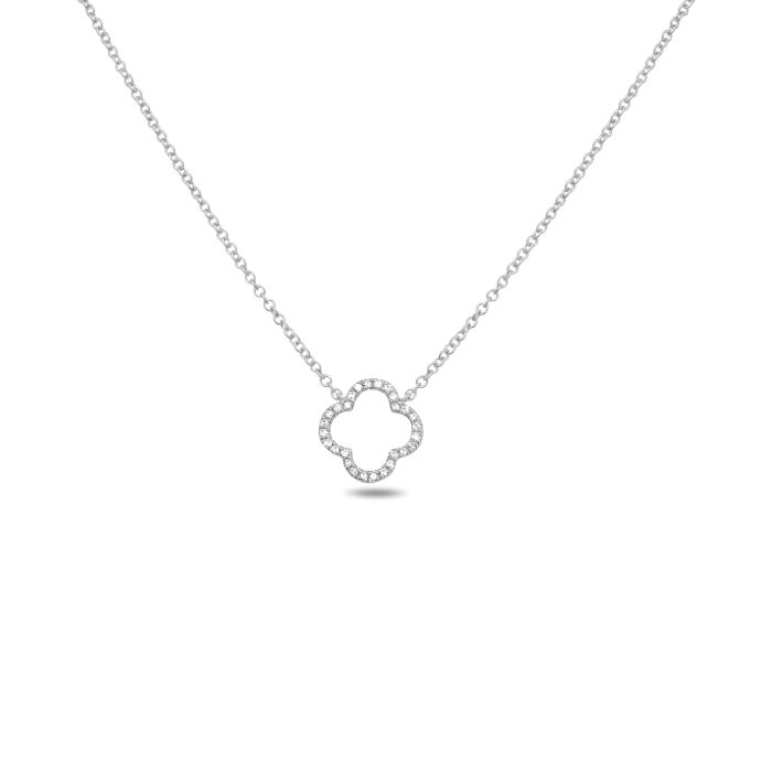 Silver necklace with a clover-shaped pendant on a white background