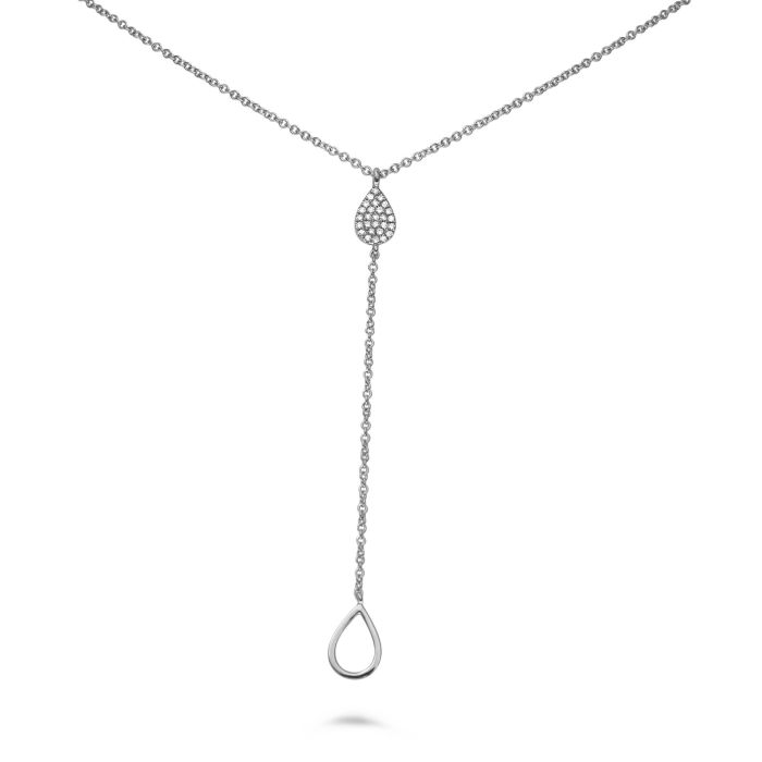Silver necklace with a teardrop pendant on a white background