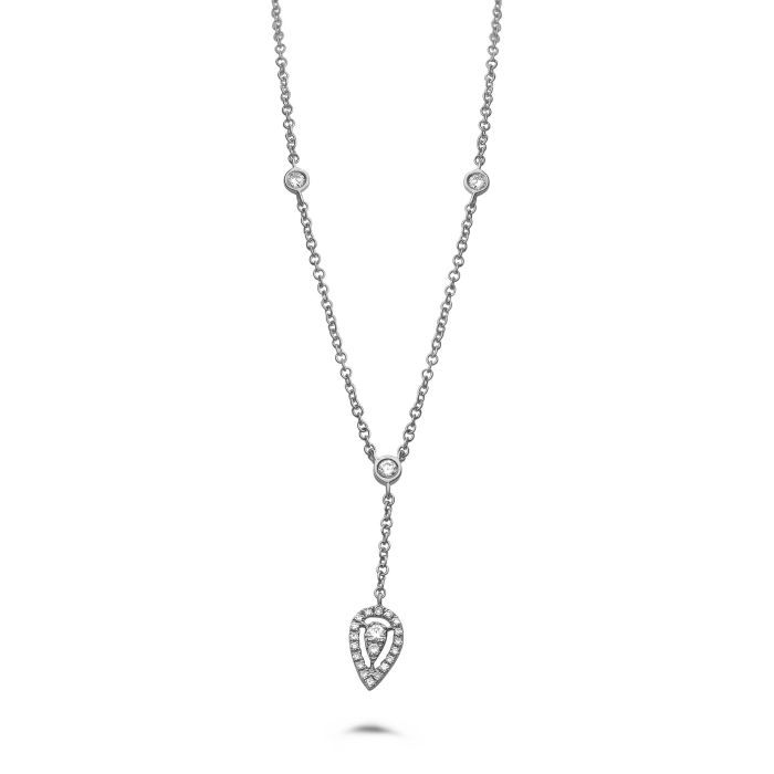 14K white gold diamond 'Y' shaped necklace with bezel-set diamonds and a pear-shaped, haloed pendant of pave diamonds.