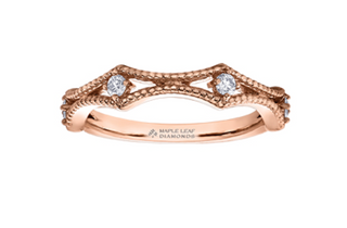 Rose gold ring with diamonds on a white background, featuring Maple Leaf Diamonds branding.