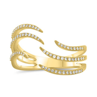 Gold open ring with diamond accents on a white background
