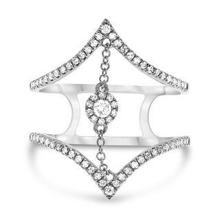 Silver ring with diamond accents on a white background