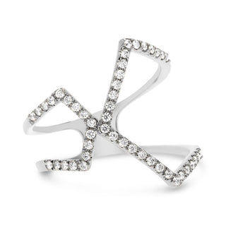 Silver ring with diamond accents on a white background