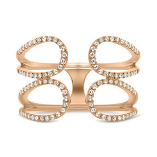 Rose gold ring with diamond accents on a white background