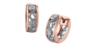 Rose gold hoop earrings with diamond accents on a white background