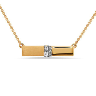 Gold necklace with a rectangular pendant featuring diamonds on a white background