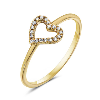 Gold heart-shaped ring with diamonds on a white background