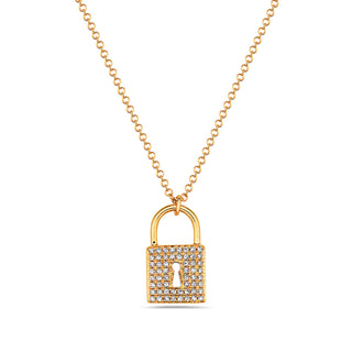 Gold padlock-shaped necklace with diamonds on a white background