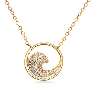 Gold necklace with a circular pendant featuring diamonds on a white background