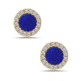 Pair of earrings with blue center and gold and diamond accents on a white background