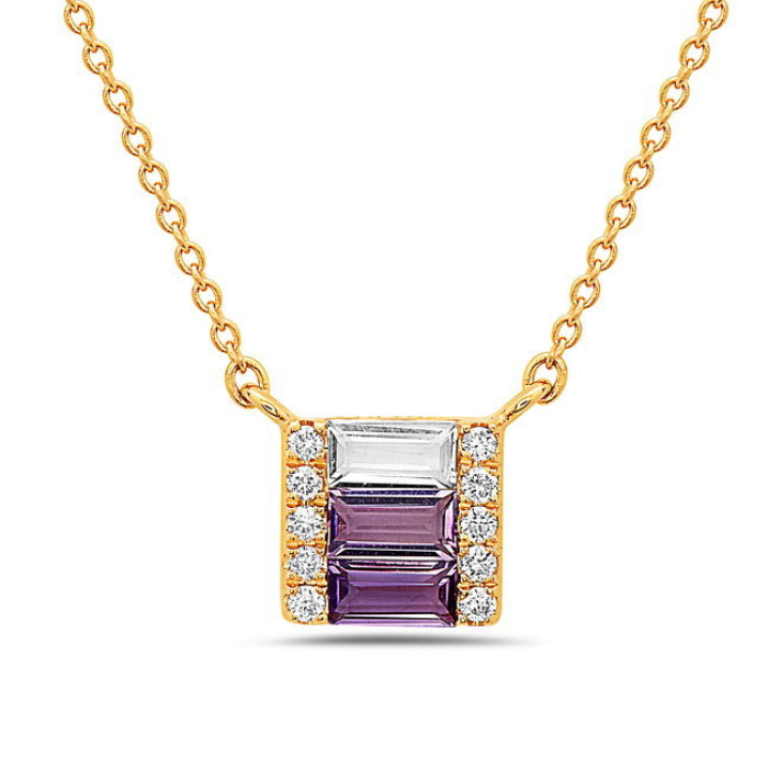 Gold necklace with a purple gemstone pendant on a white background