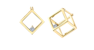 Gold geometric earrings with small diamonds on a white background