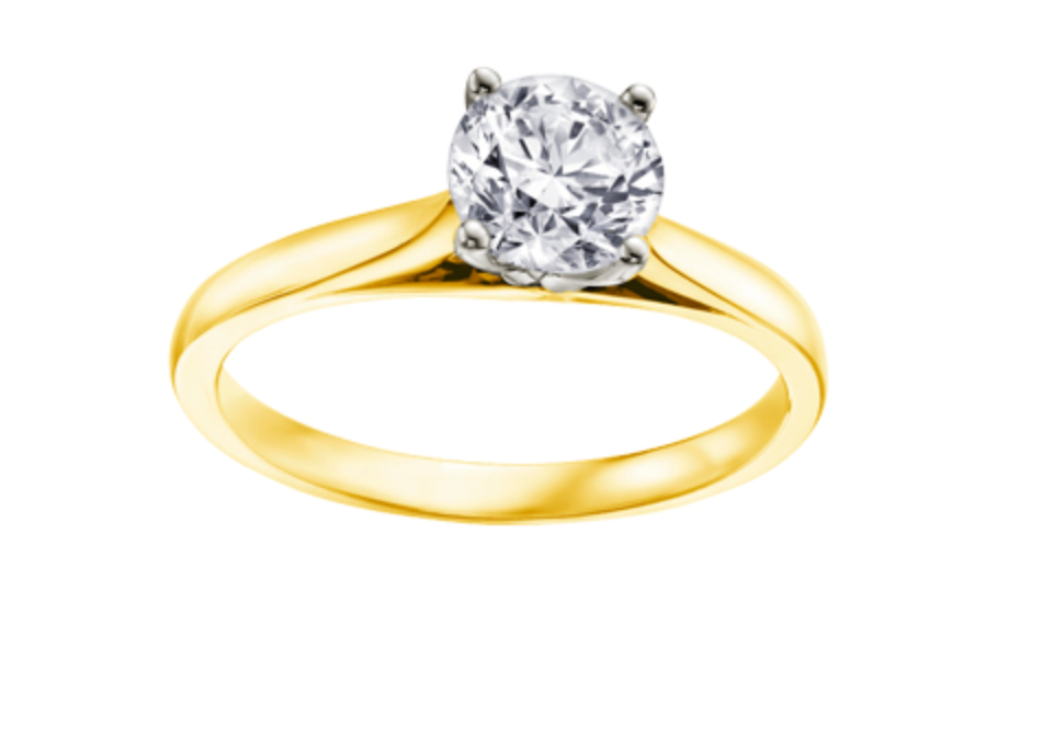 Gold ring with a large diamond on a white background