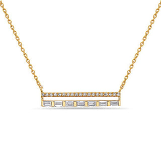 Gold necklace with a bar-shaped pendant on a white background