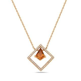 Gold necklace with a square pendant featuring an orange gemstone on a white background